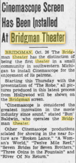 Bridgman Theatre - Oct 26 1954 Article (newer photo)
